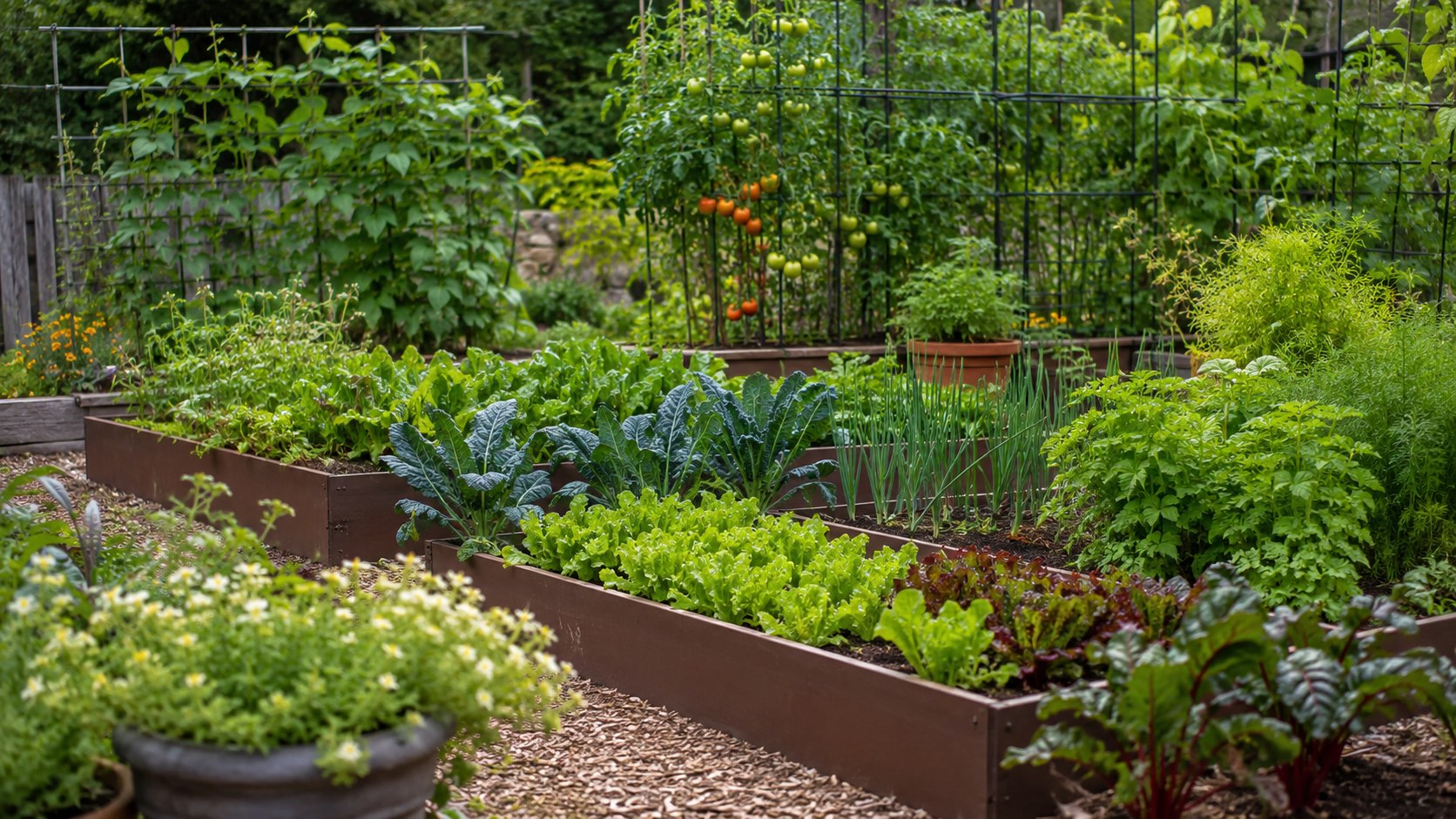Raised vegetable garden beds with leafy greens, tomatoes, herbs, and trellised plants.