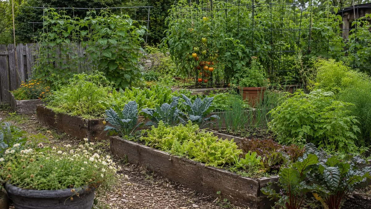 Raised vegetable garden beds with leafy greens, tomatoes, herbs, and trellised plants.