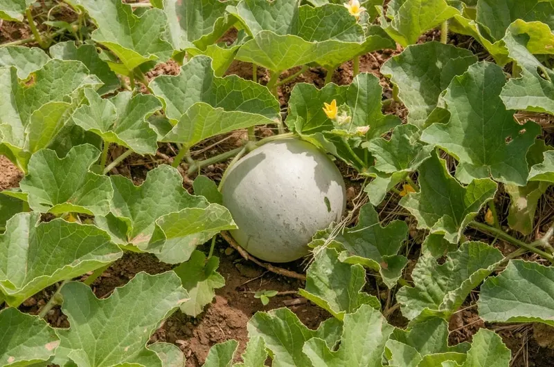 Smooth melon fruit growing among vine leaves.